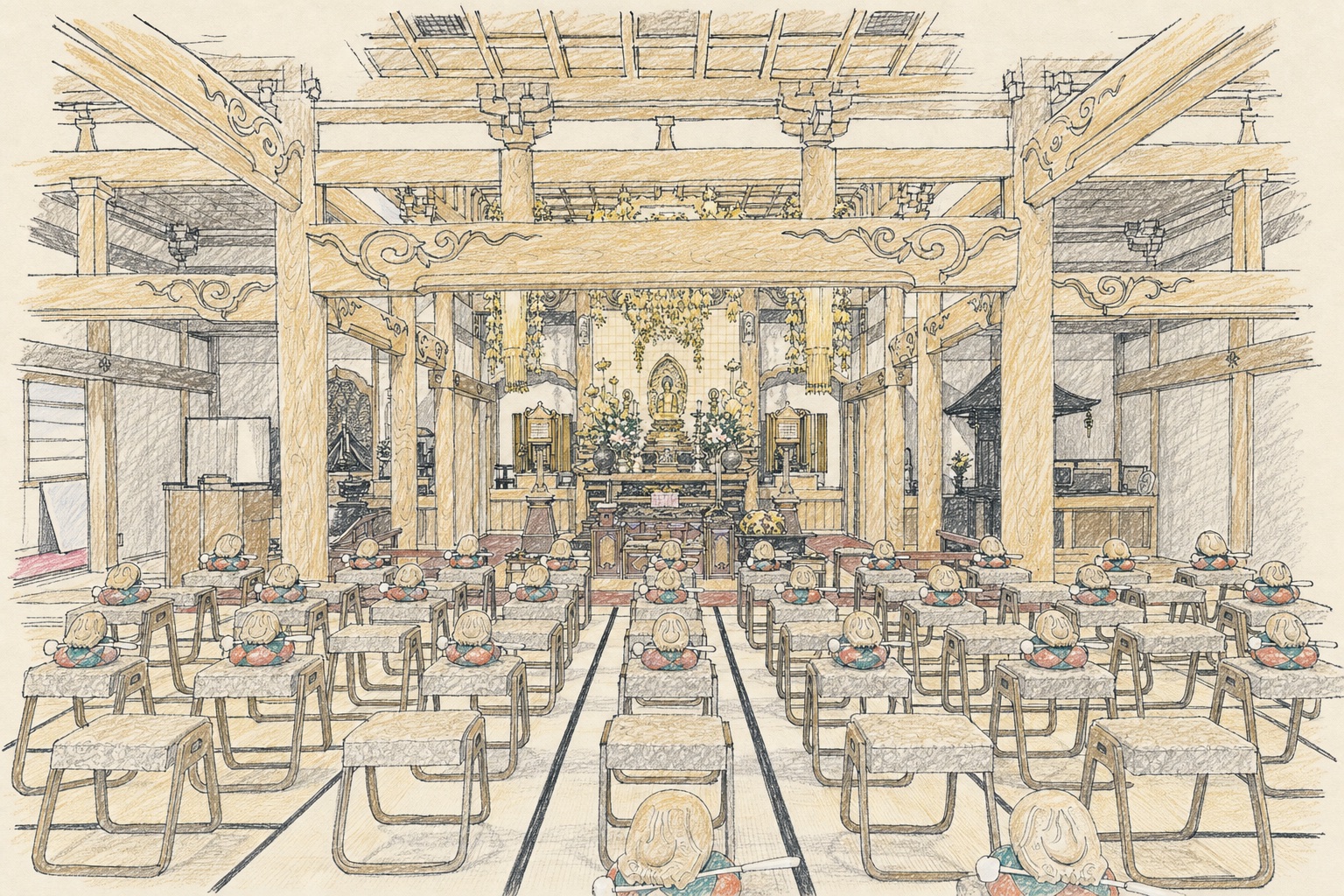 木魚と椅子が整えられた見性寺本堂を実景から描いたイラスト
