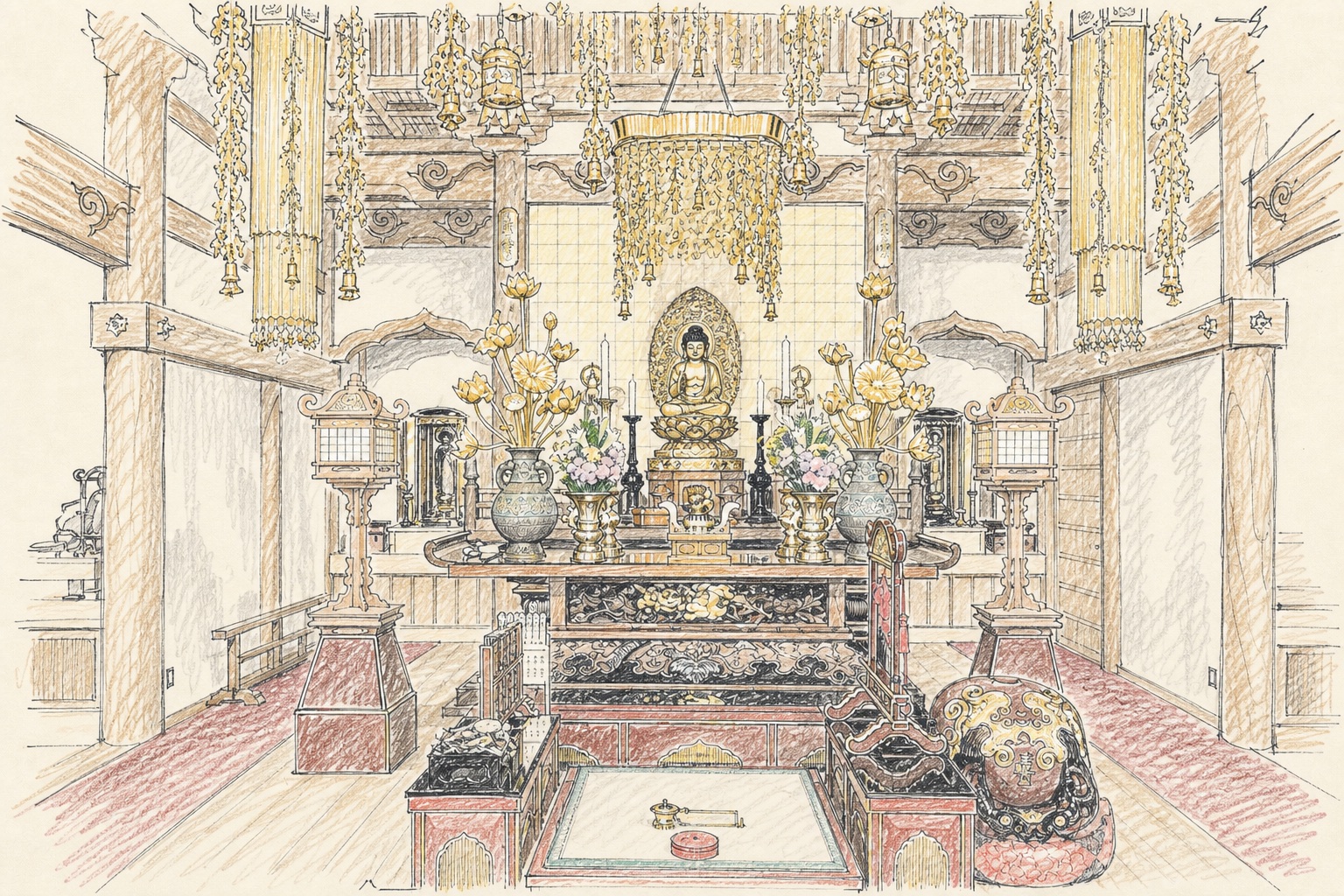 見性寺本堂中央におまつりする御本尊と荘厳を実景から描いたイラスト
